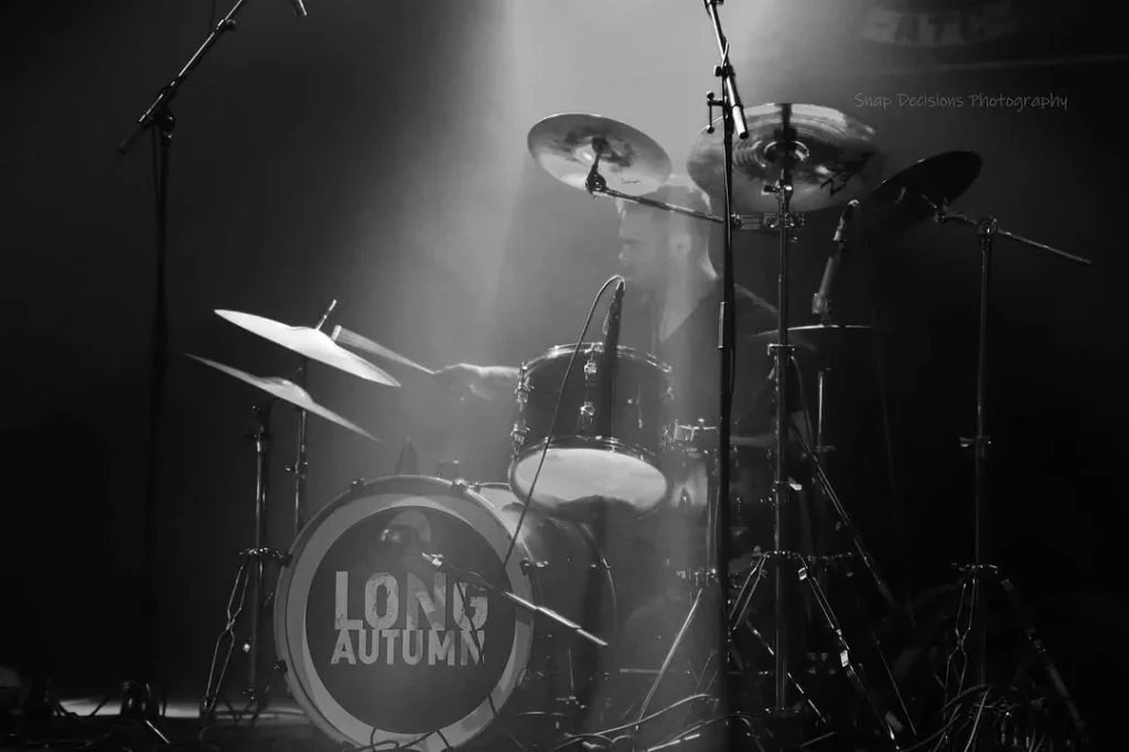 Conor Moran's drums with Long Autumn logo